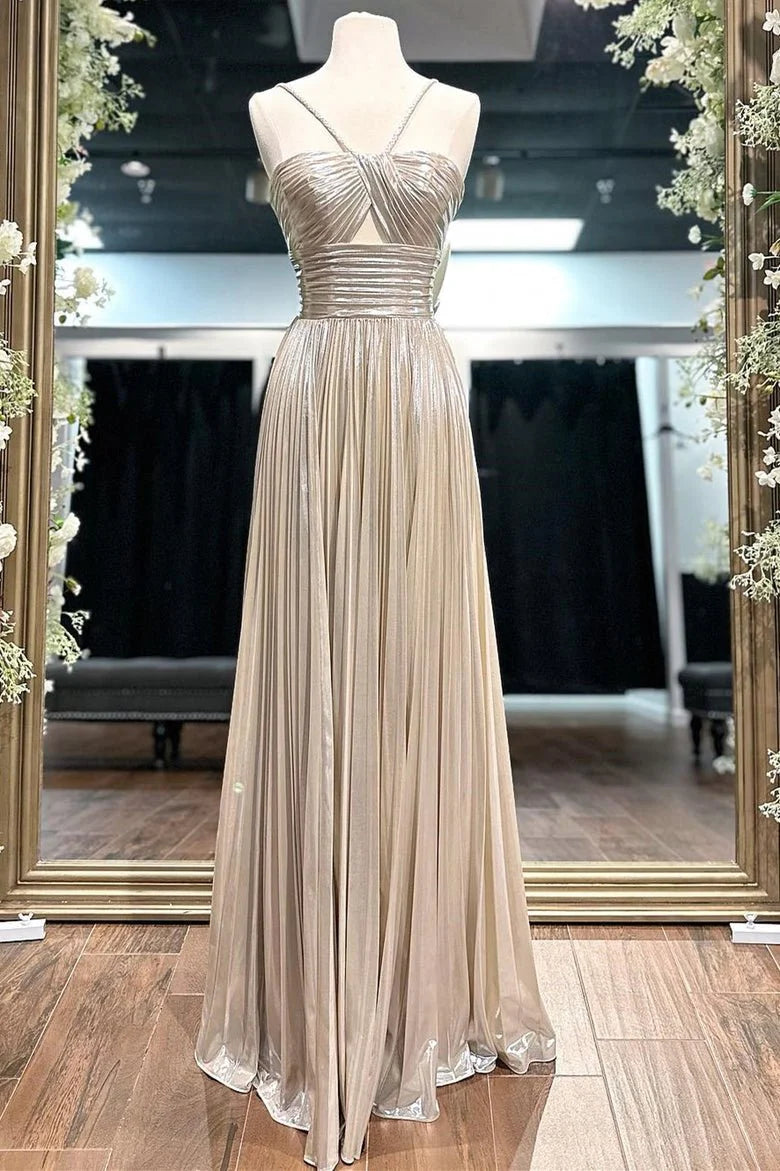 A-line Spaghetti Strap Keyhole Pleated Metallic Champagne Long Evening Dress