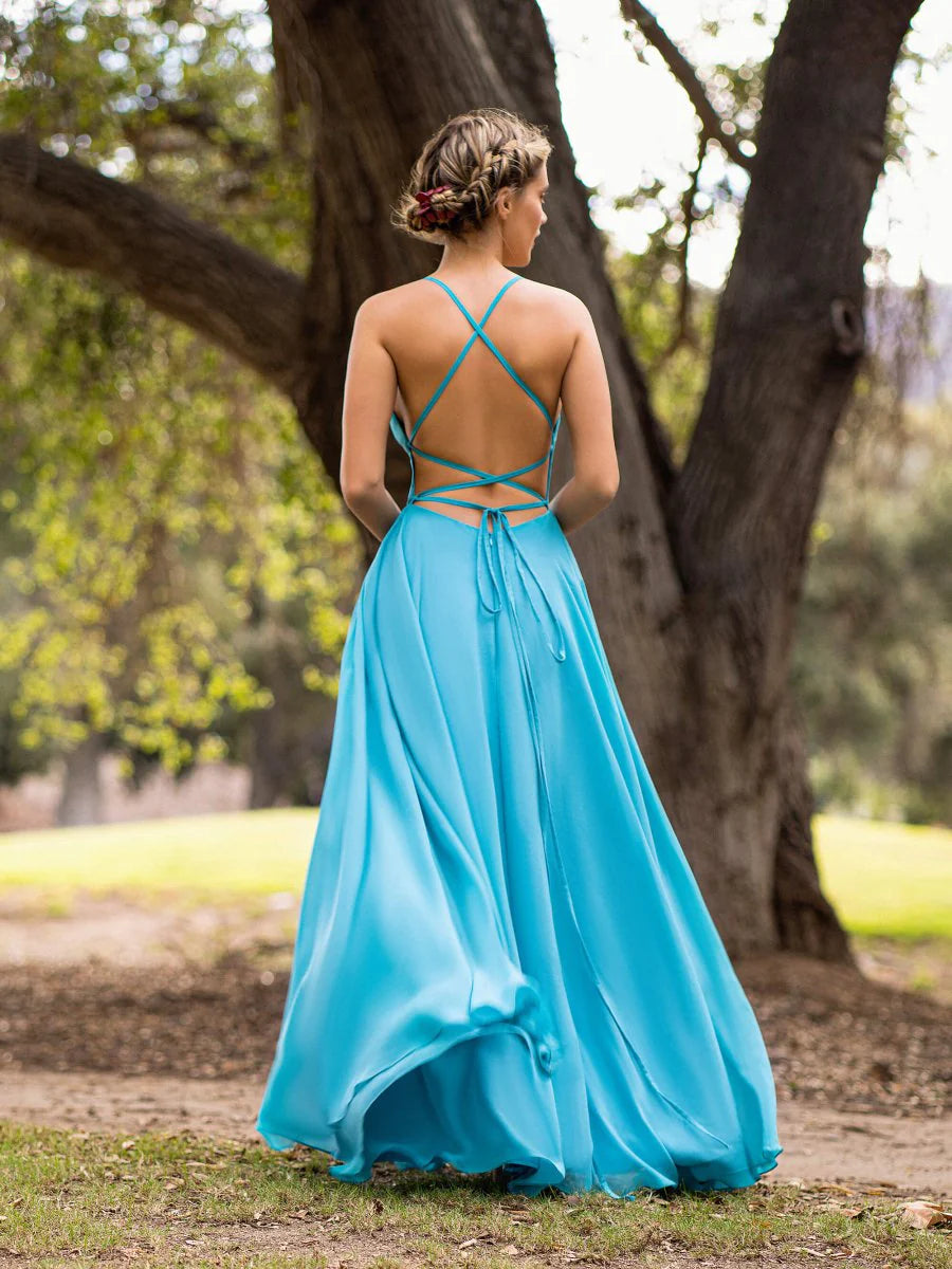 A-line Spaghetti Straps Chiffon Pool Floor Length Bridesmaid Dress