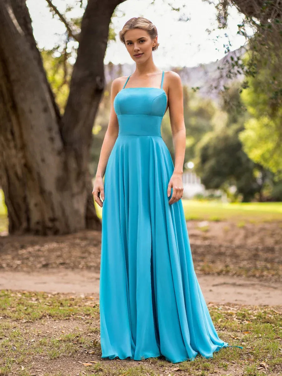 A-line Spaghetti Straps Chiffon Pool Floor Length Bridesmaid Dress