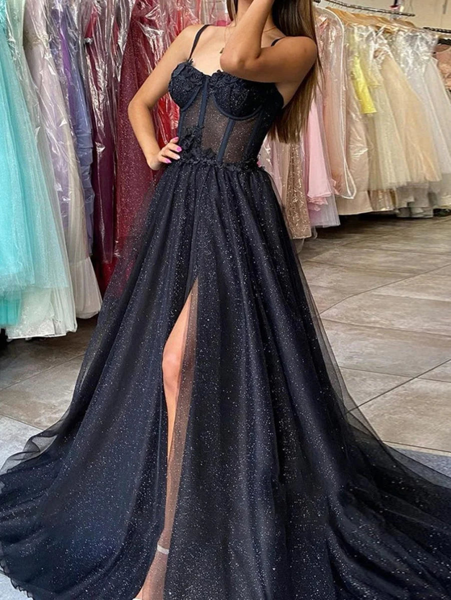 A-line Spaghetti Straps Corset Applique Glitter Tulle Prom Dress With Slit