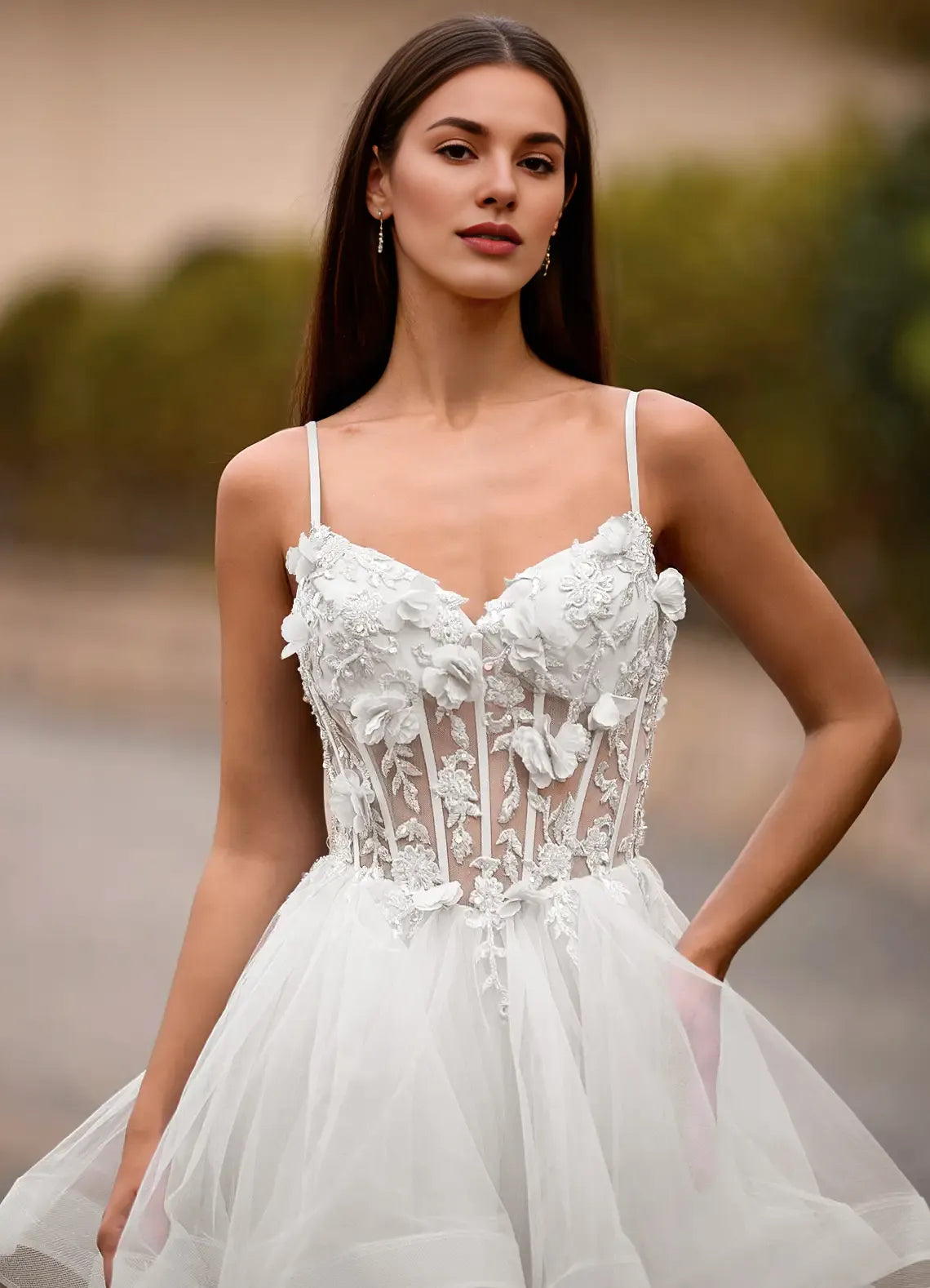 A-line Spaghetti Straps Corset Applique Layers Tulle Ivory Long Prom Dress