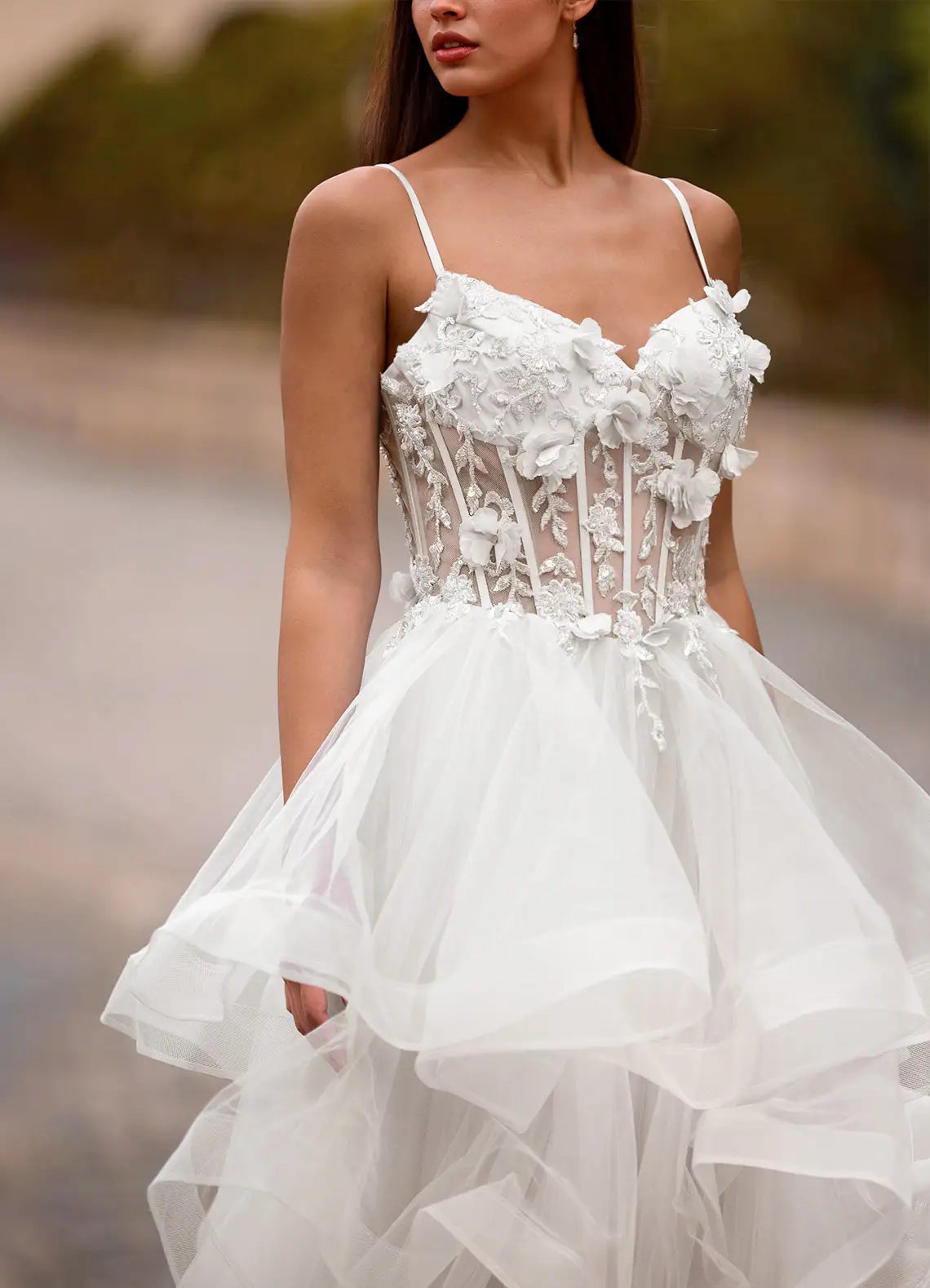A-line Spaghetti Straps Corset Applique Layers Tulle Ivory Long Prom Dress