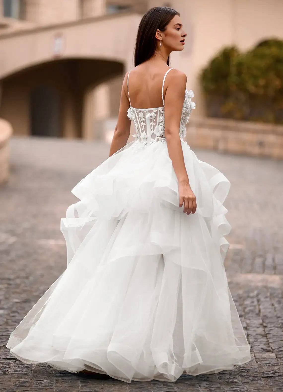 A-line Spaghetti Straps Corset Applique Layers Tulle Ivory Long Prom Dress