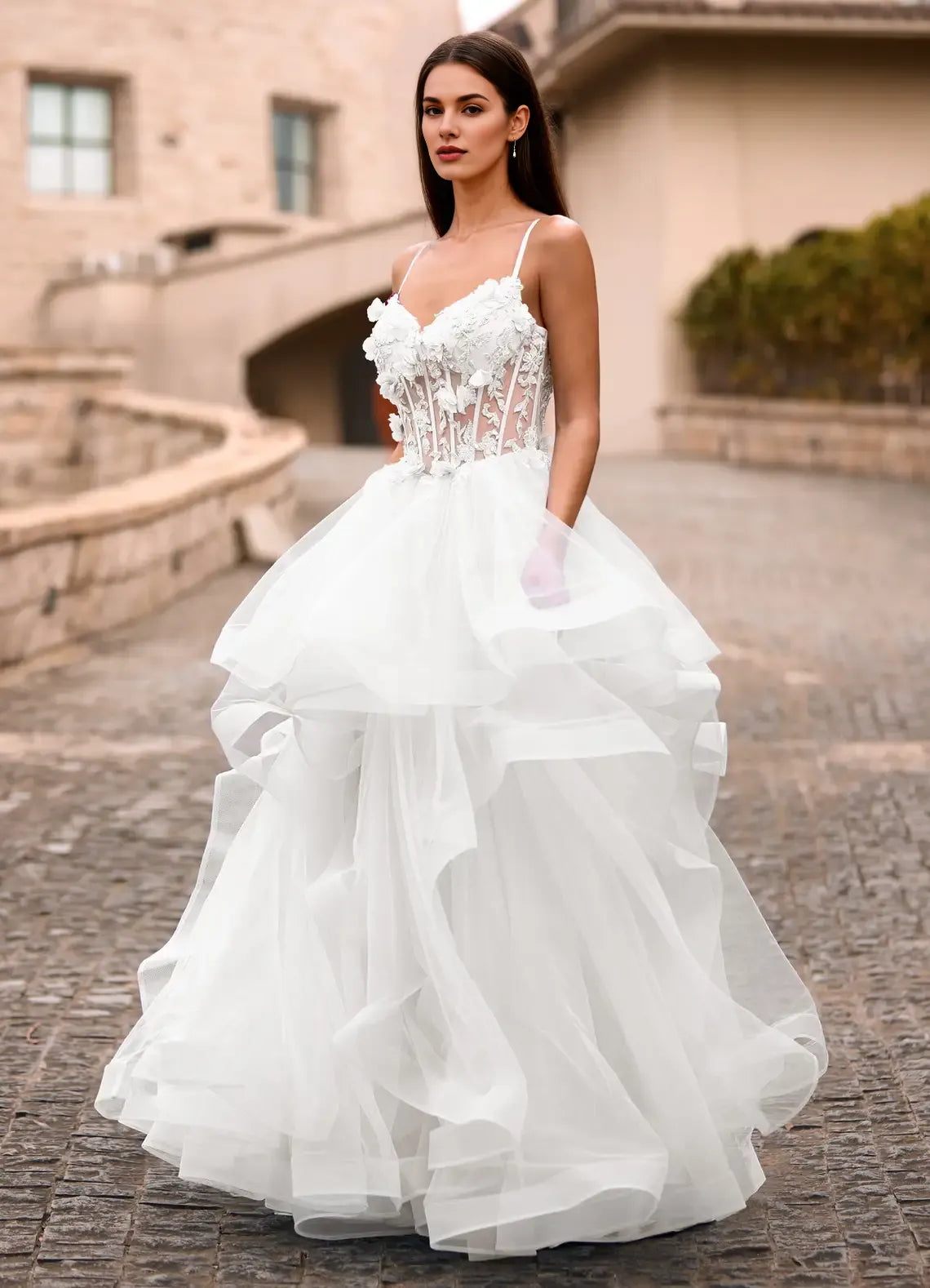 A-line Spaghetti Straps Corset Applique Layers Tulle Ivory Long Prom Dress