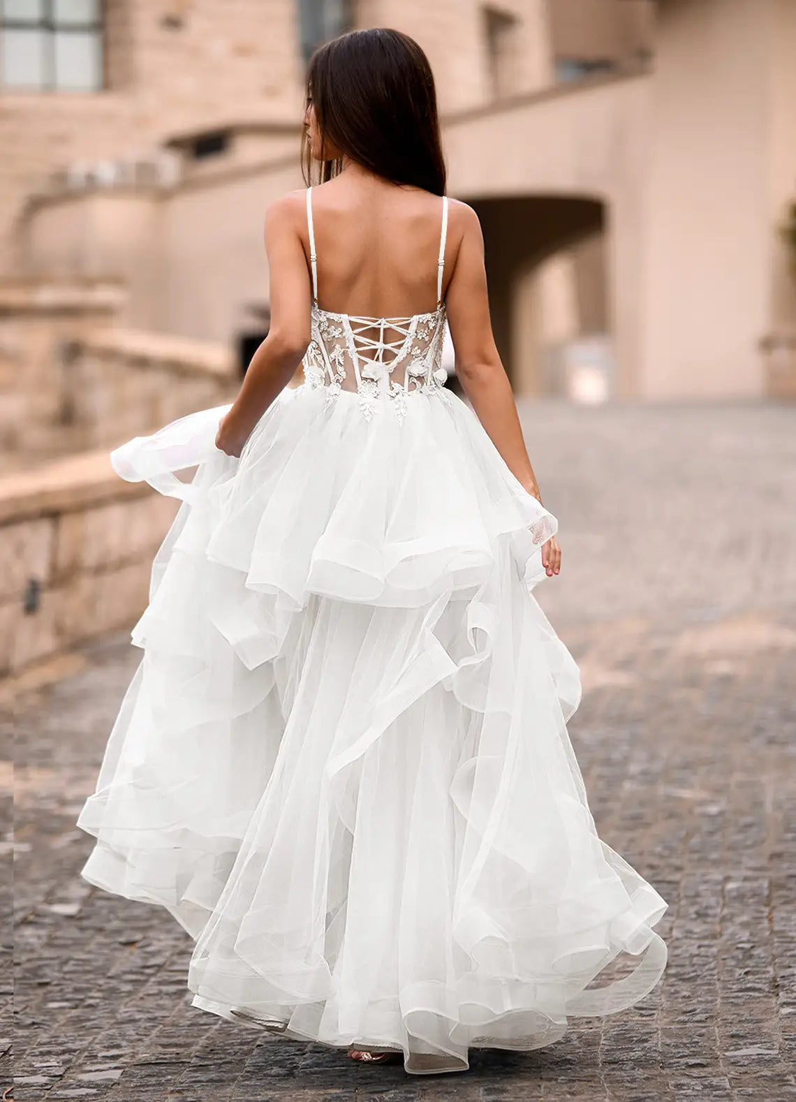 A-line Spaghetti Straps Corset Applique Layers Tulle Ivory Long Prom Dress