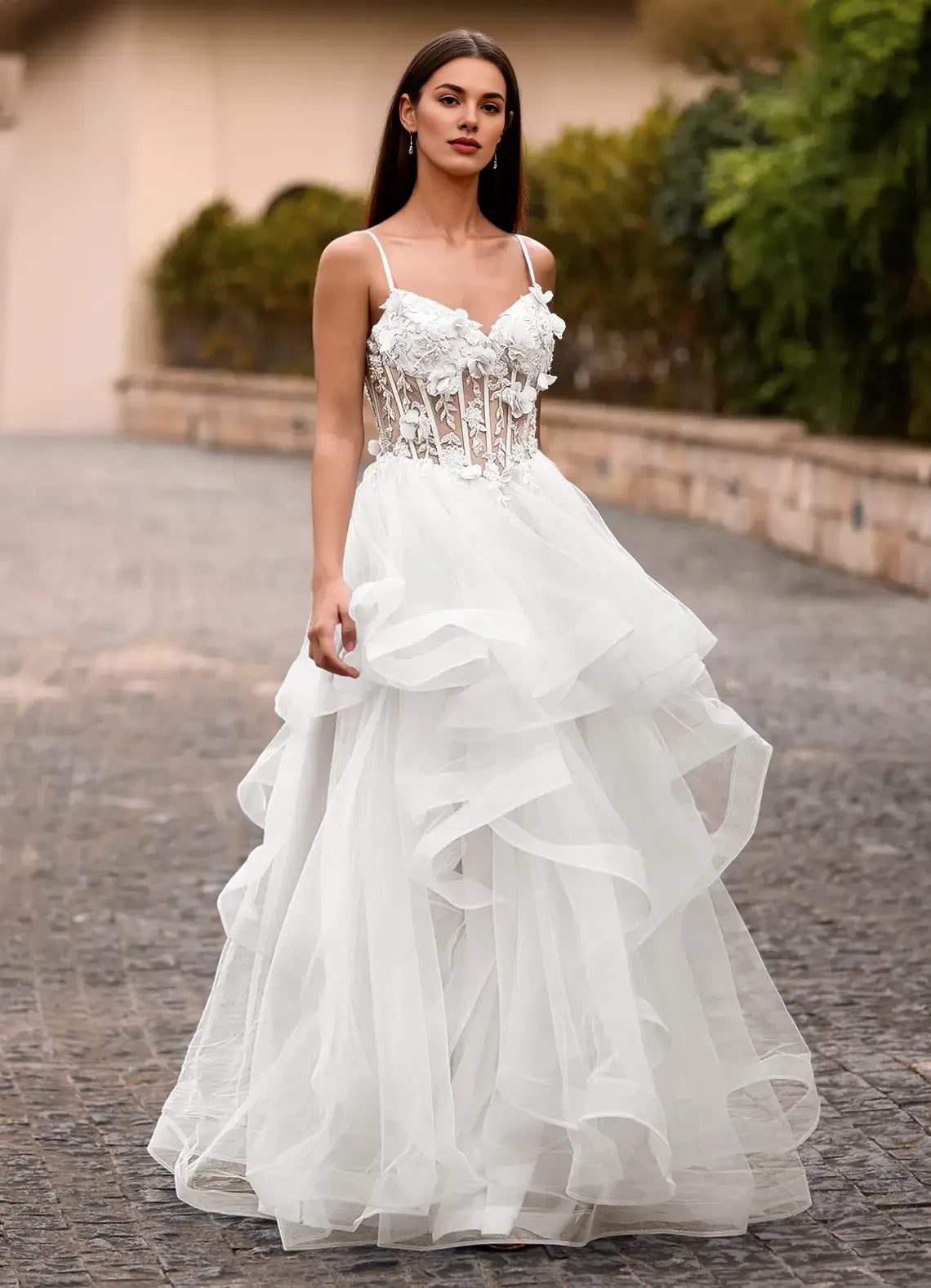 A-line Spaghetti Straps Corset Applique Layers Tulle Ivory Long Prom Dress
