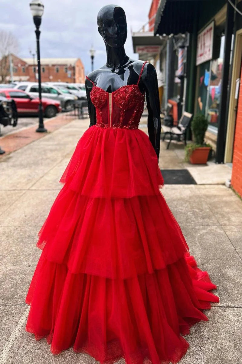 A-line Spaghetti Straps Corset Beaded Sequin Tiered Pink Long Prom Dress