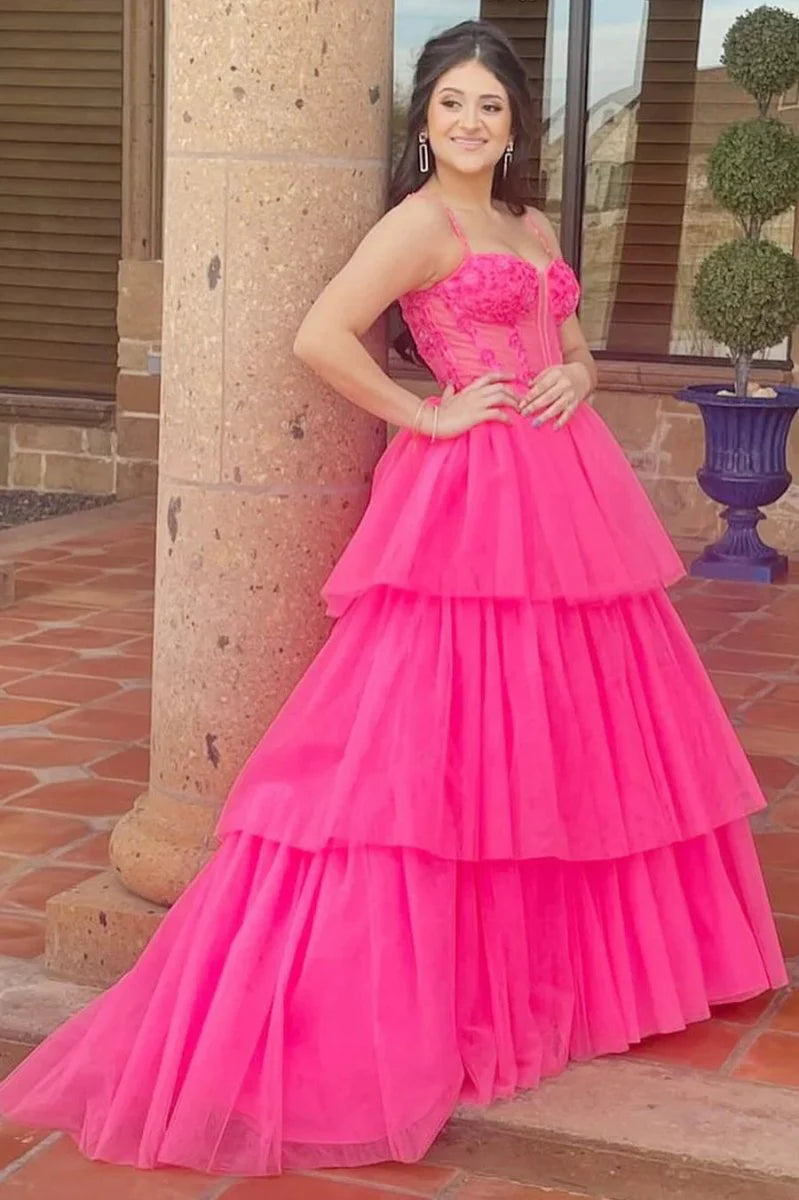 A-line Spaghetti Straps Corset Beaded Sequin Tiered Pink Long Prom Dress