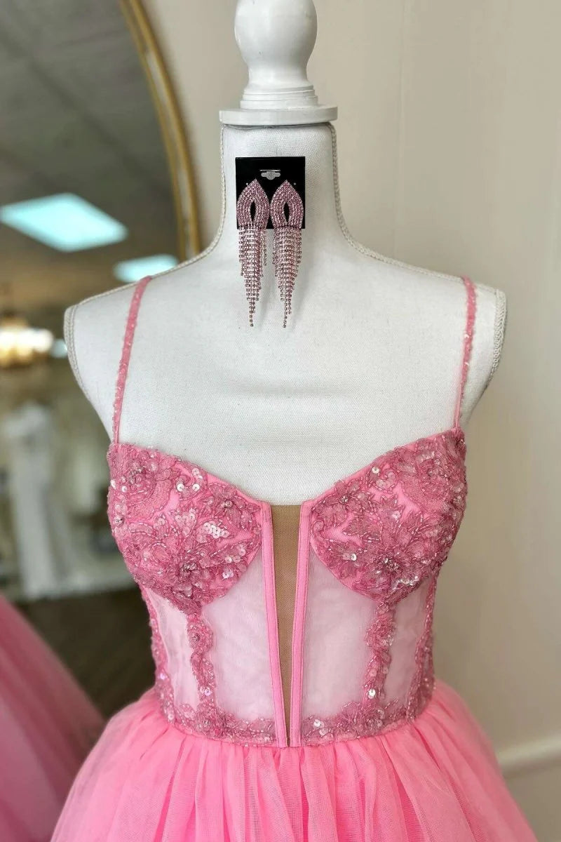 A-line Spaghetti Straps Corset Beaded Sequin Tiered Pink Long Prom Dress