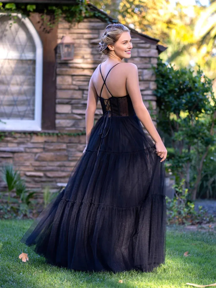 A-line Spaghetti Straps Corset Dotted Tulle Black Floor Length Prom Dress