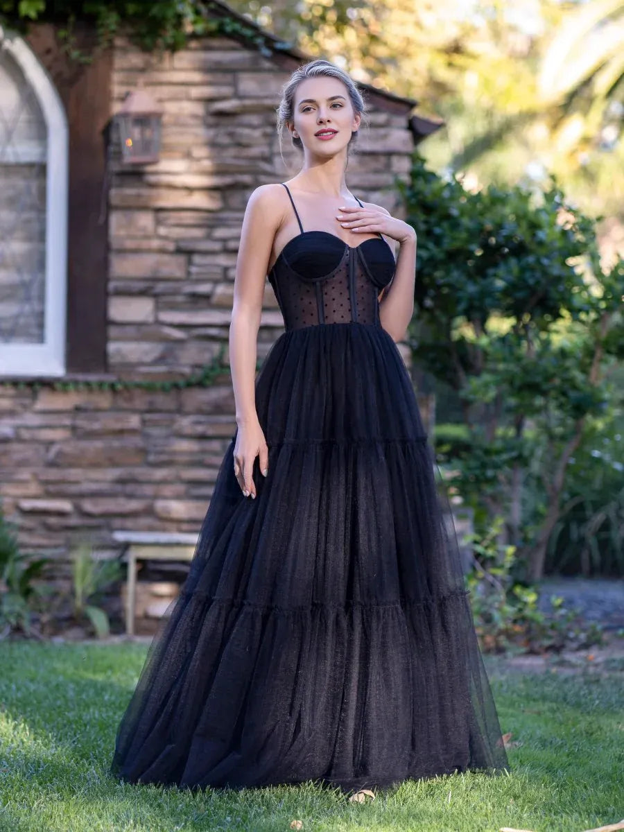 A-line Spaghetti Straps Corset Dotted Tulle Black Floor Length Prom Dress