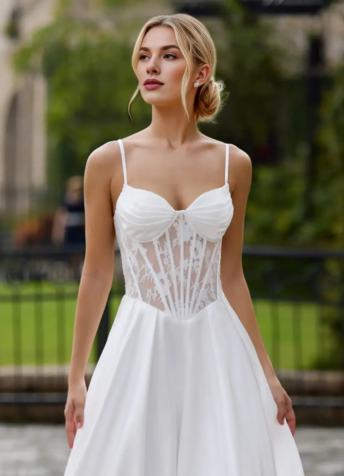 A-line Spaghetti Straps Corset Slit Floral Lace Satin White Prom Dress