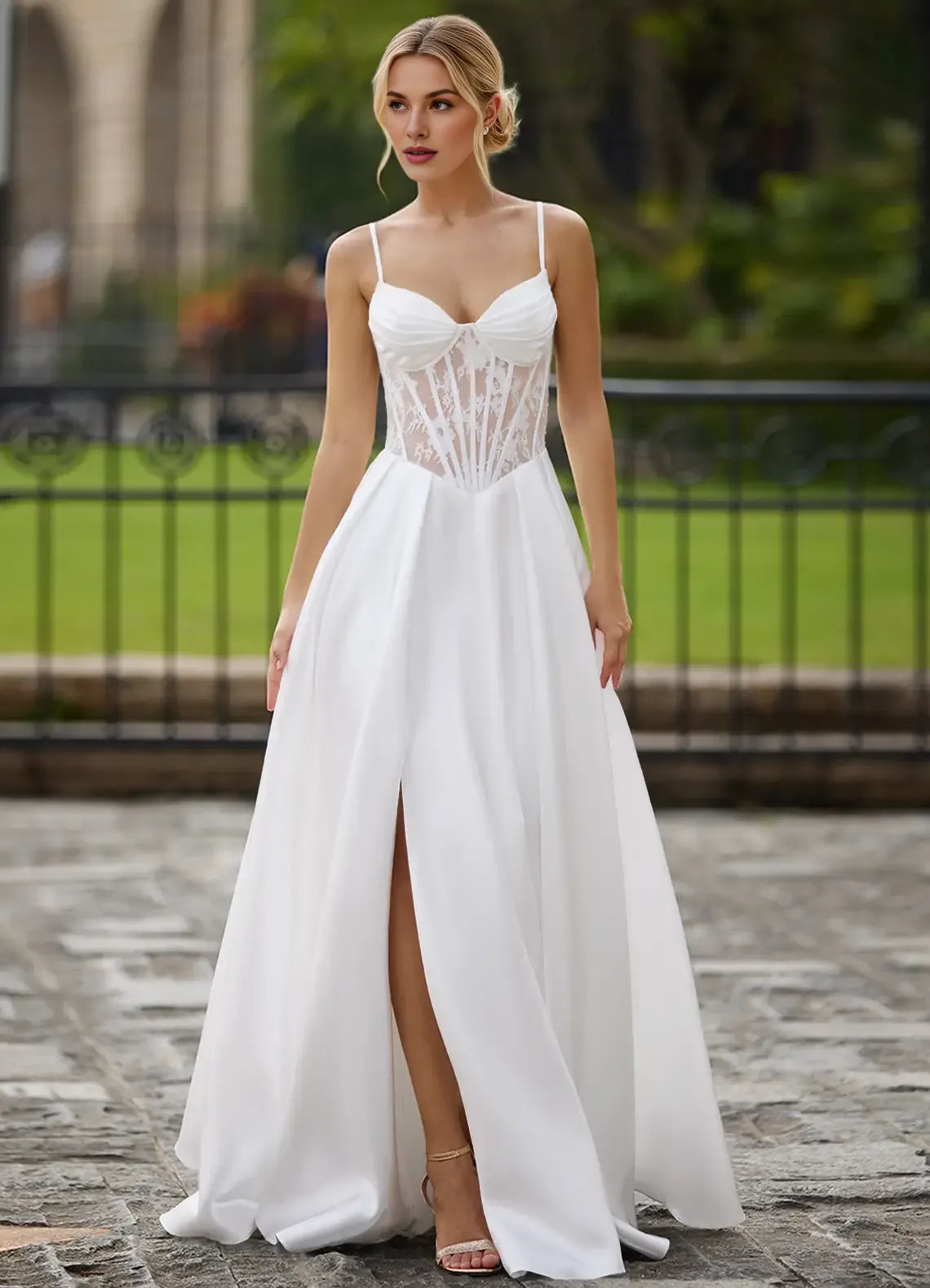 A-line Spaghetti Straps Corset Slit Floral Lace Satin White Prom Dress