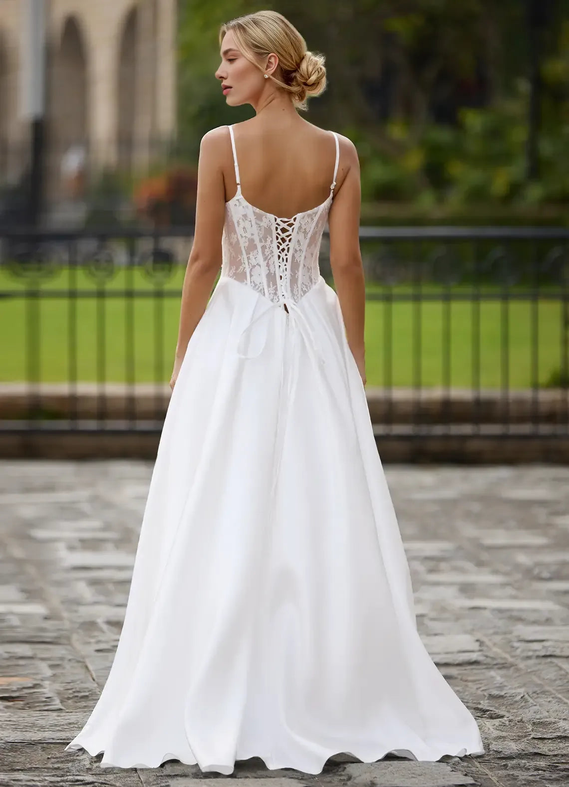 A-line Spaghetti Straps Corset Slit Floral Lace Satin White Prom Dress