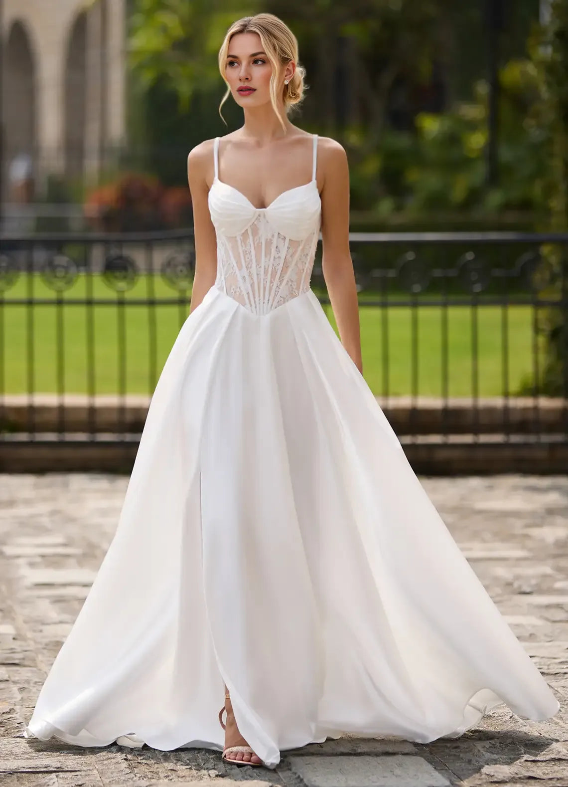 A-line Spaghetti Straps Corset Slit Floral Lace Satin White Prom Dress