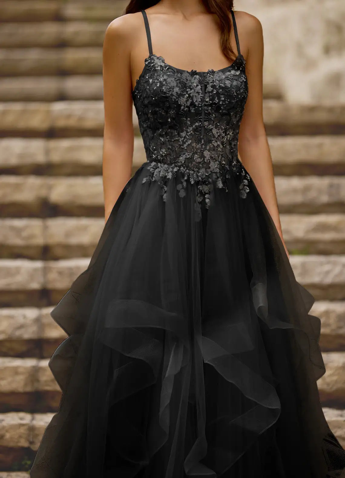 A-line Spaghetti Straps Layers Sequins Tulle Black Floor Length Prom Dress