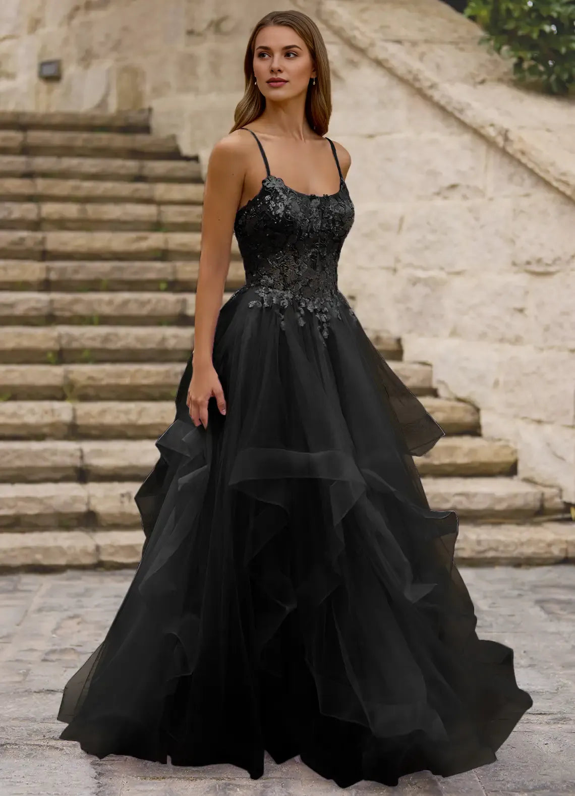 A-line Spaghetti Straps Layers Sequins Tulle Black Floor Length Prom Dress