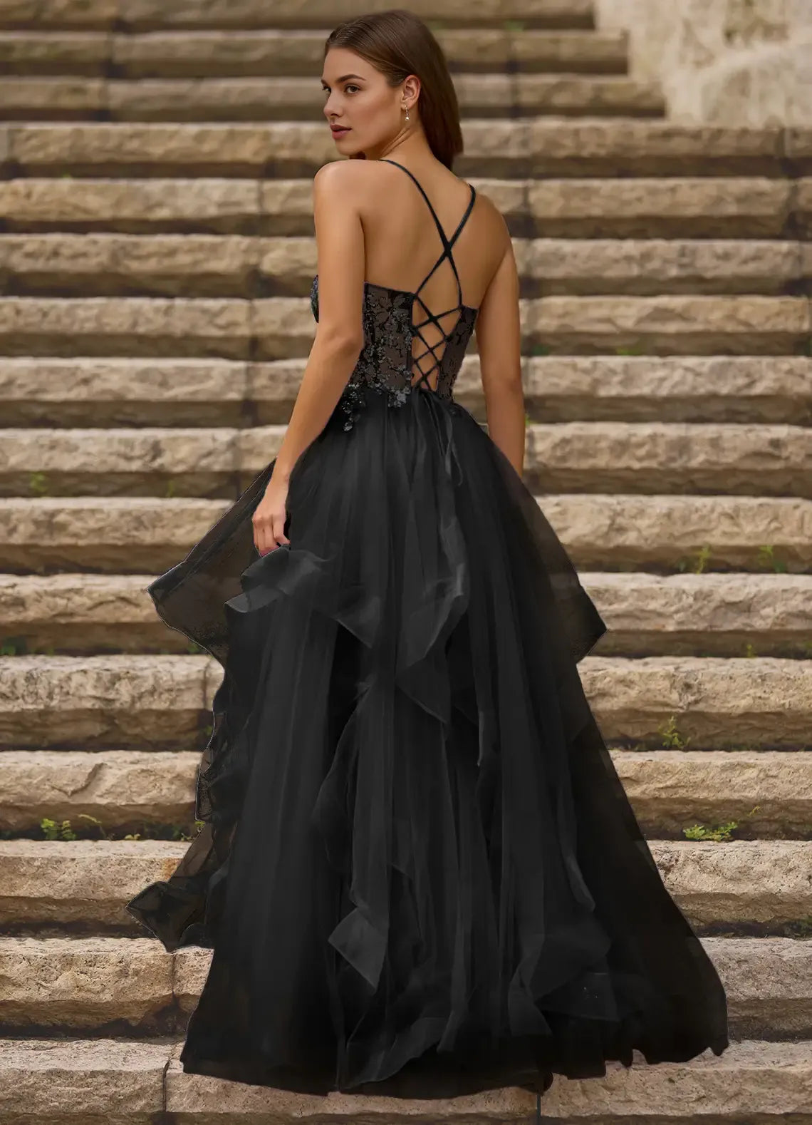 A-line Spaghetti Straps Layers Sequins Tulle Black Floor Length Prom Dress