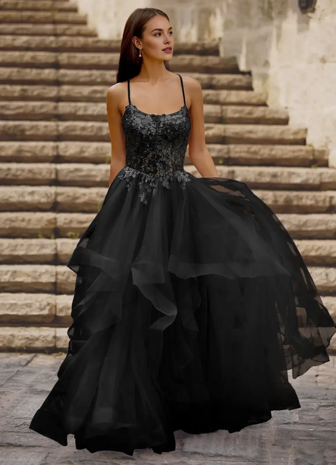 A-line Spaghetti Straps Layers Sequins Tulle Black Floor Length Prom Dress