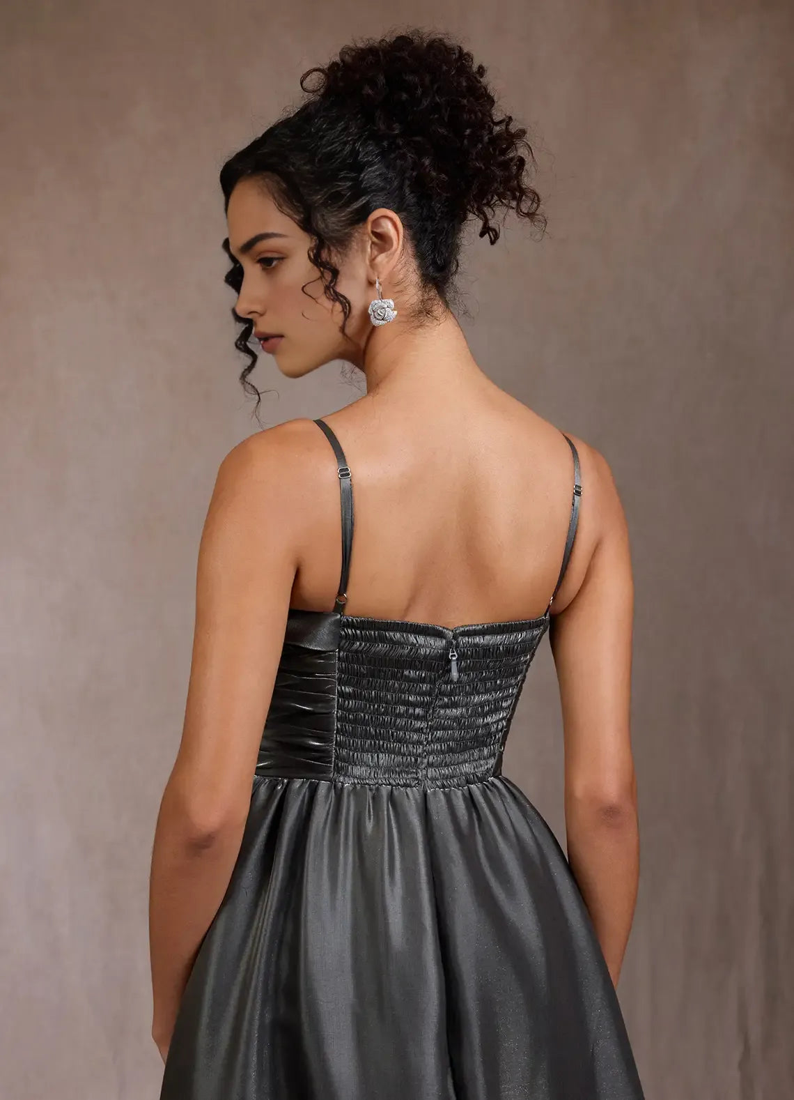 A-line Spaghetti Straps Pleated Gunmetal Maxi Evening Dress With Pocket