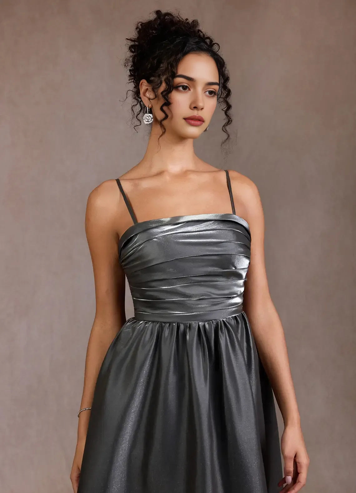 A-line Spaghetti Straps Pleated Gunmetal Maxi Evening Dress With Pocket