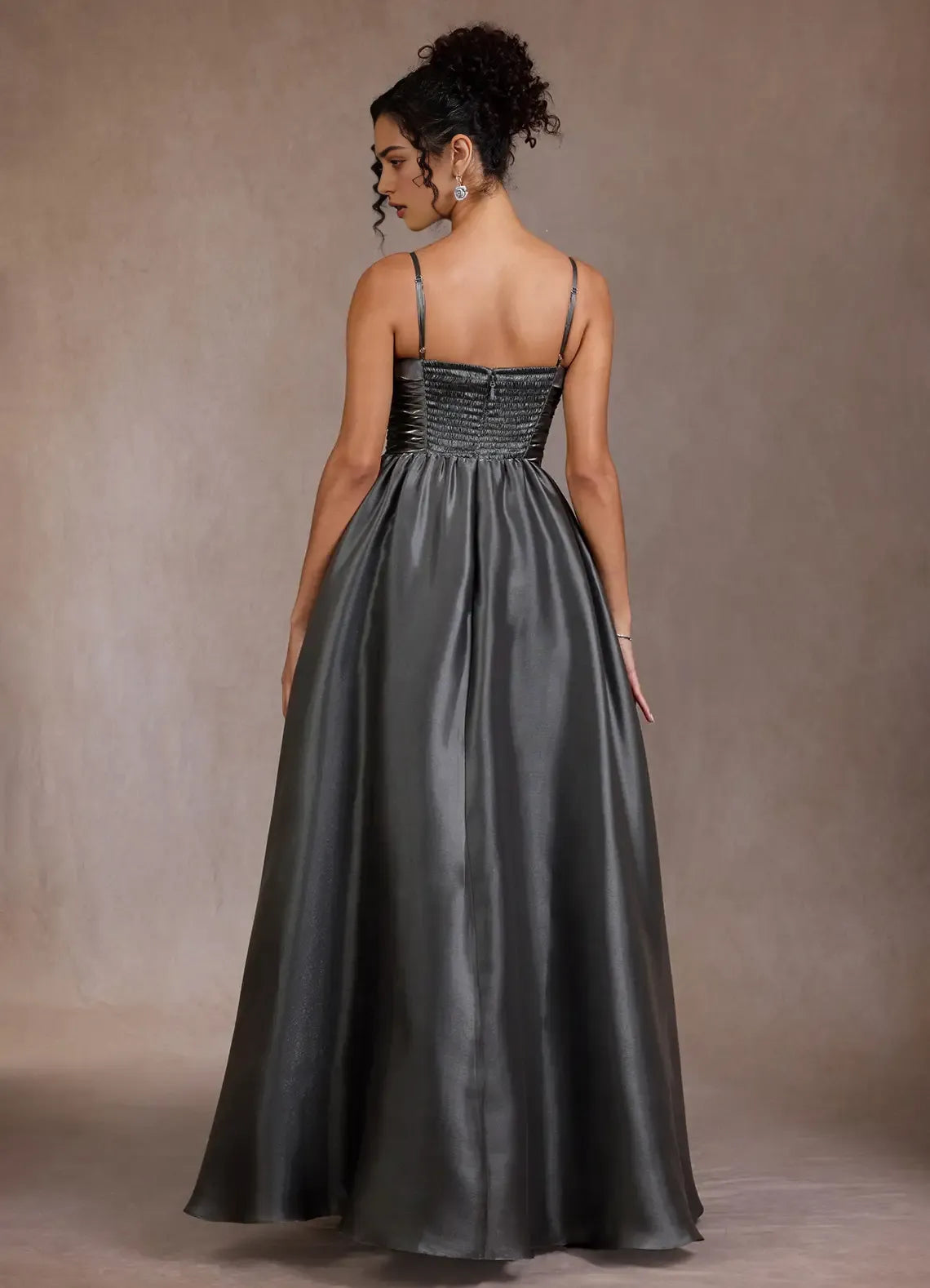 A-line Spaghetti Straps Pleated Gunmetal Maxi Evening Dress With Pocket