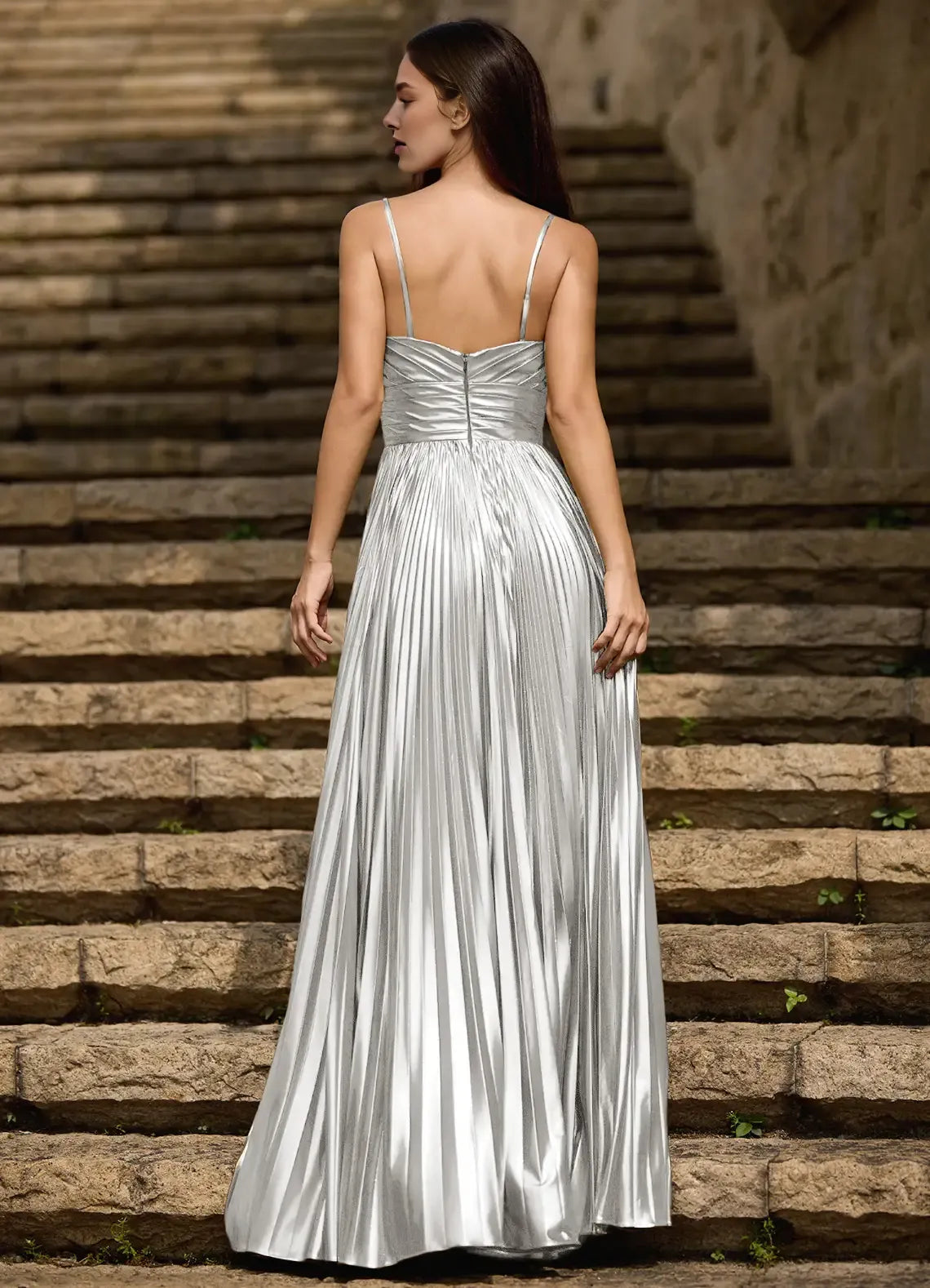 A-line Spaghetti Straps Pleated Keyhole Cutout Metallic Silver Prom Dress