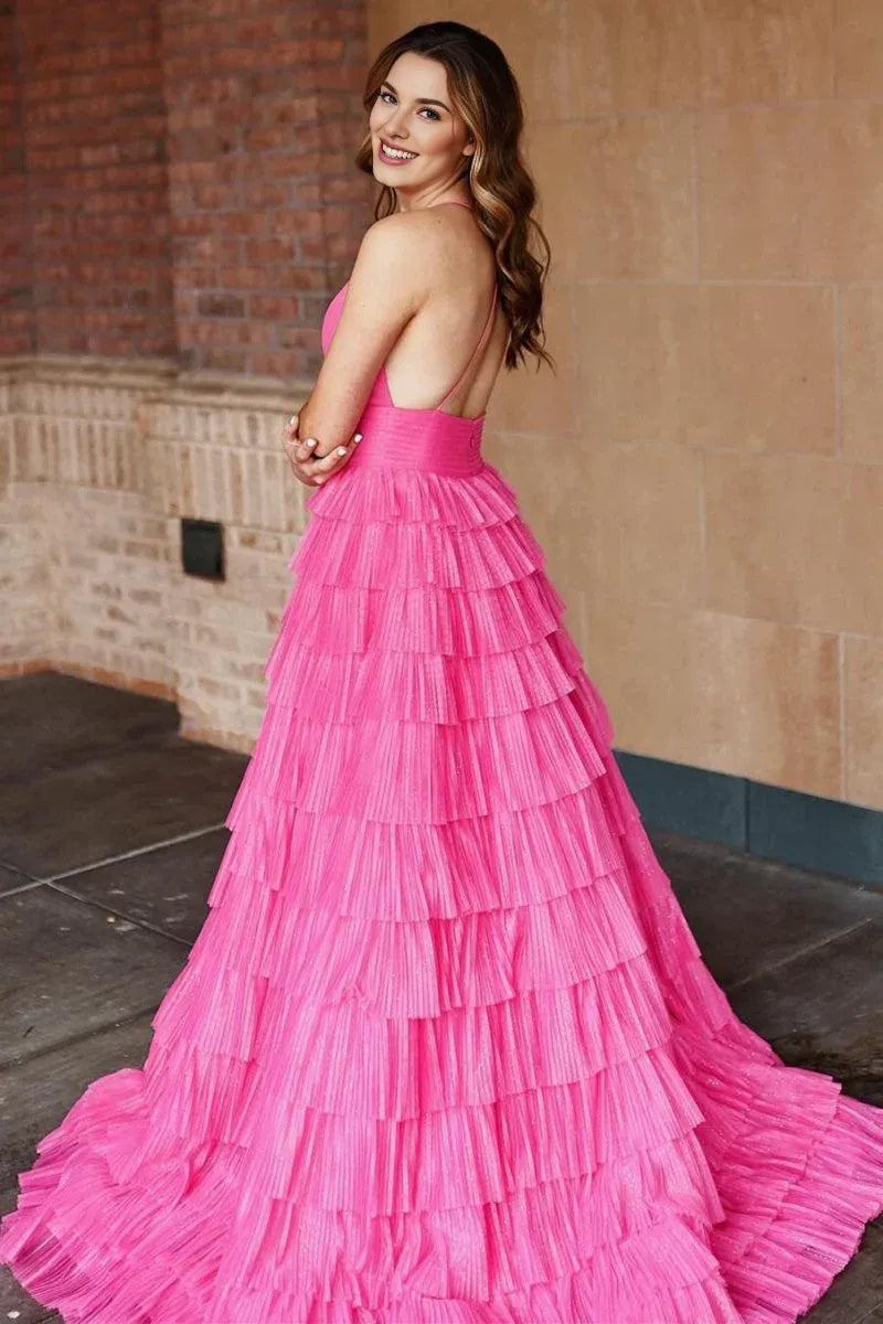 A-line Spaghetti Straps Pleated Layered Tulle Fuchsia Formal Prom Dress