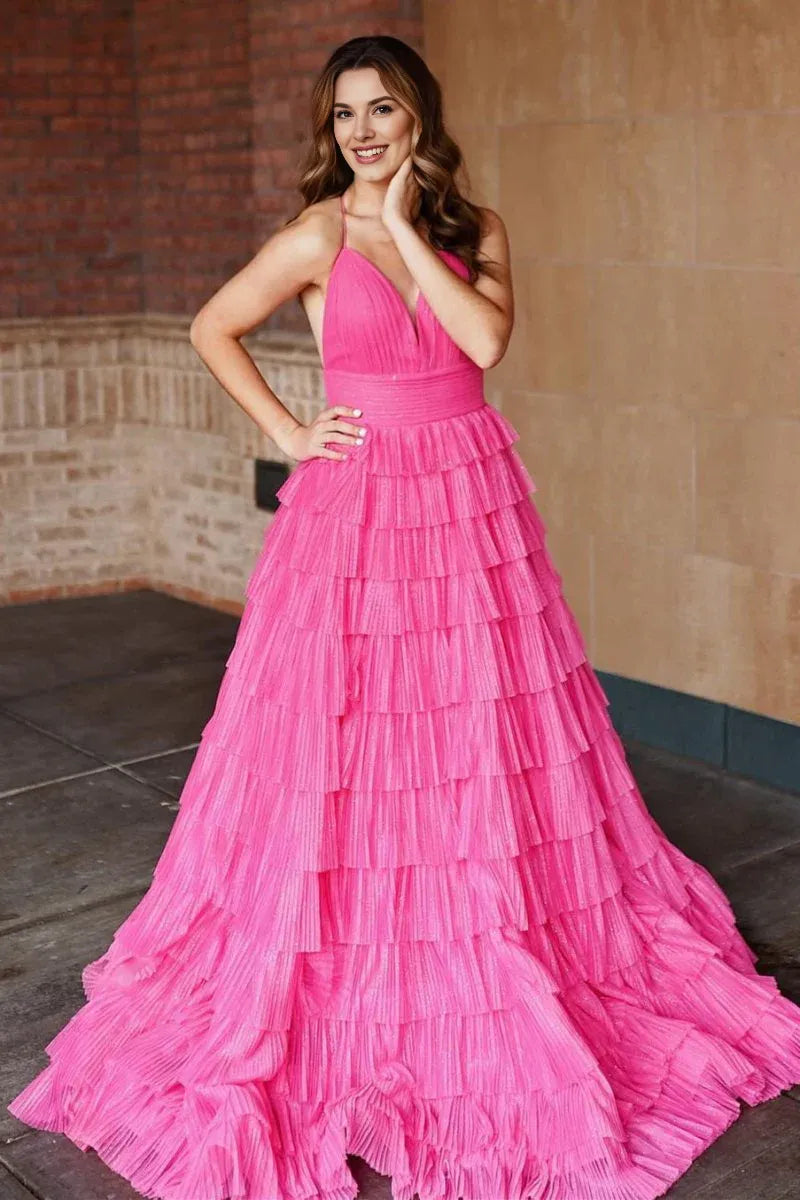 A-line Spaghetti Straps Pleated Layered Tulle Fuchsia Formal Prom Dress