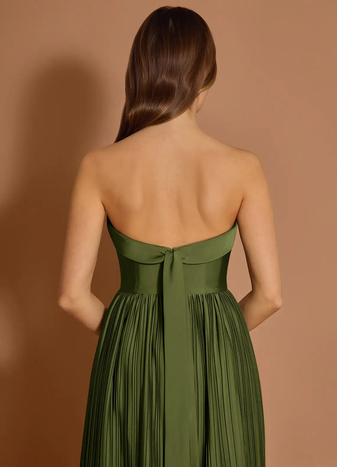 A-line Spaghetti Straps Pleated Satin Olive Maxi Evening Dress With Slit