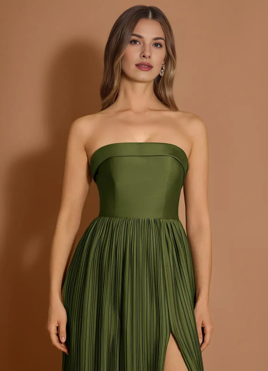 A-line Spaghetti Straps Pleated Satin Olive Maxi Evening Dress With Slit