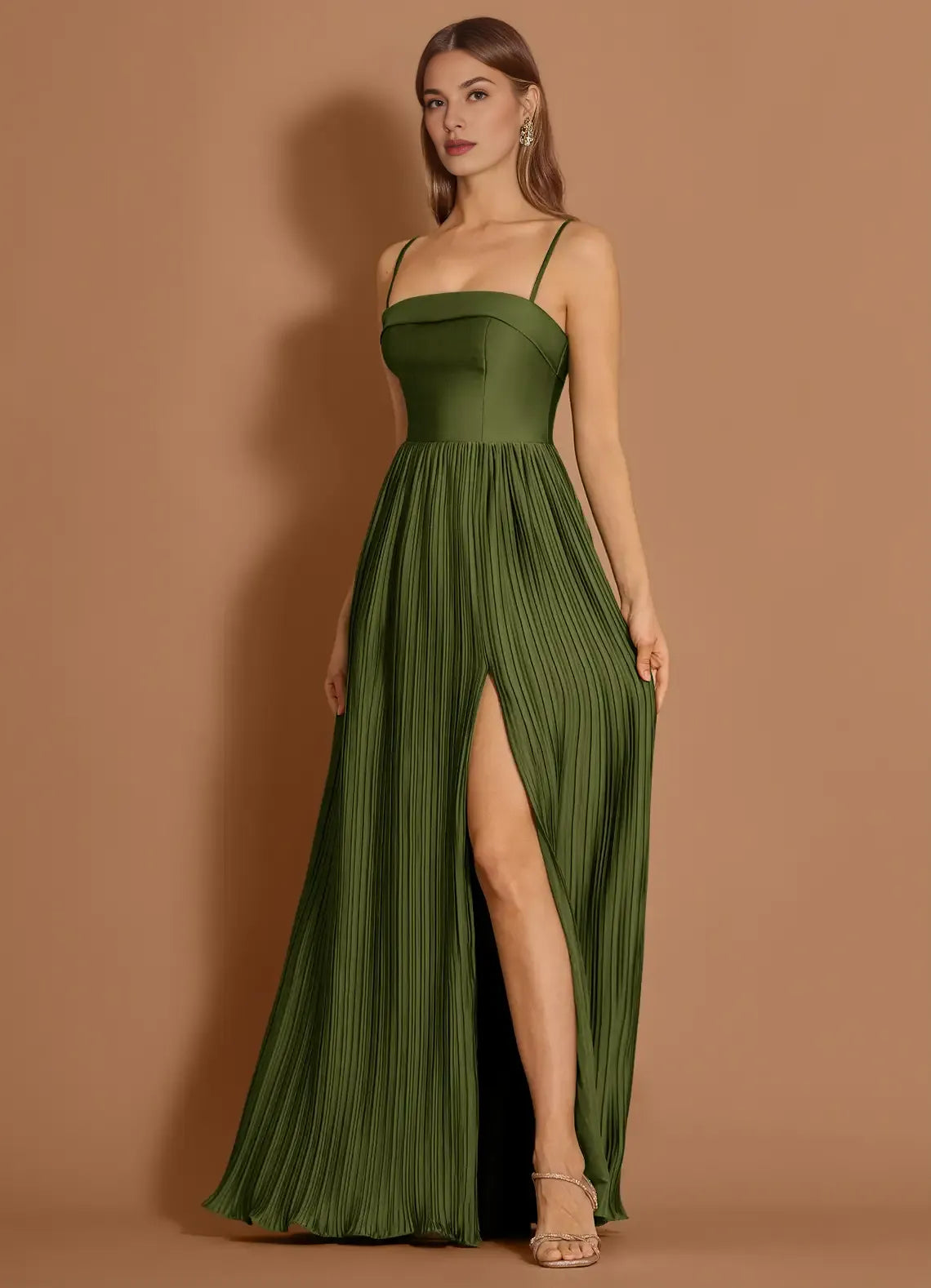 A-line Spaghetti Straps Pleated Satin Olive Maxi Evening Dress With Slit