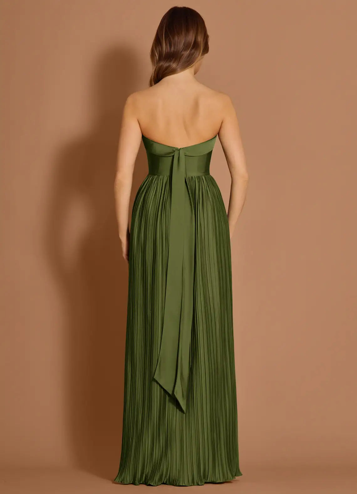 A-line Spaghetti Straps Pleated Satin Olive Maxi Evening Dress With Slit