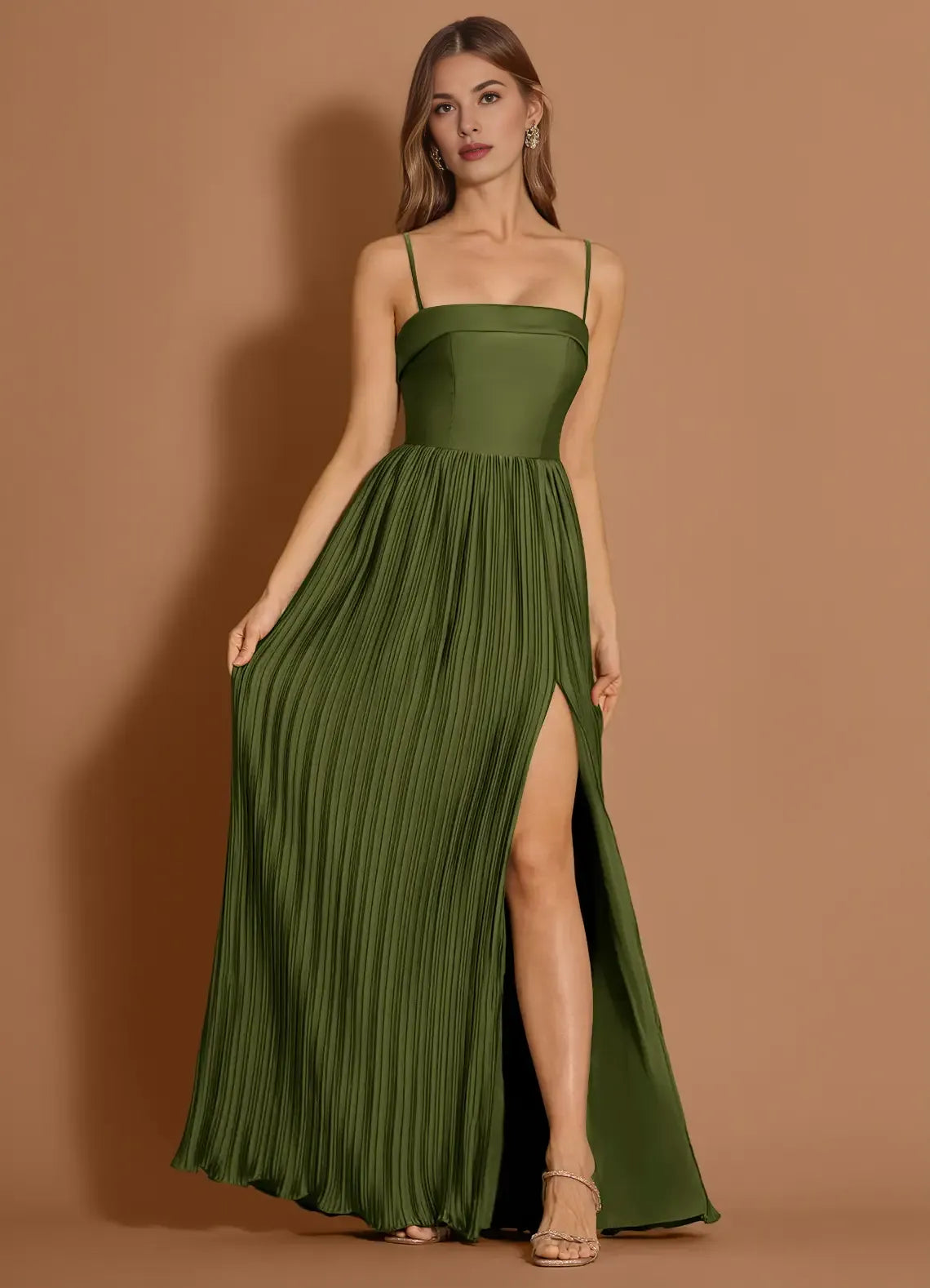 A-line Spaghetti Straps Pleated Satin Olive Maxi Evening Dress With Slit