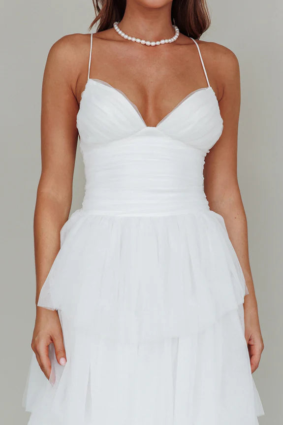 A-line Spaghetti Straps Pleated Tiered Mesh White Maxi Evening Dress