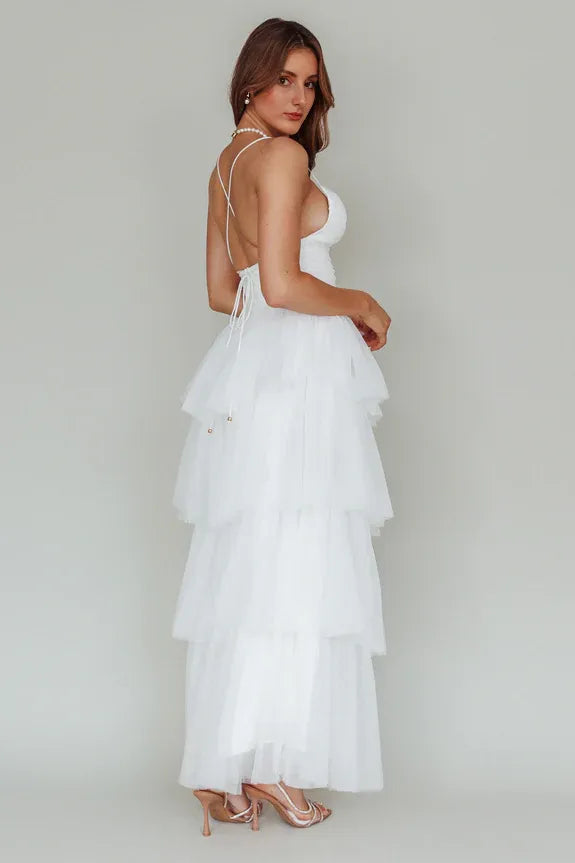 A-line Spaghetti Straps Pleated Tiered Mesh White Maxi Evening Dress