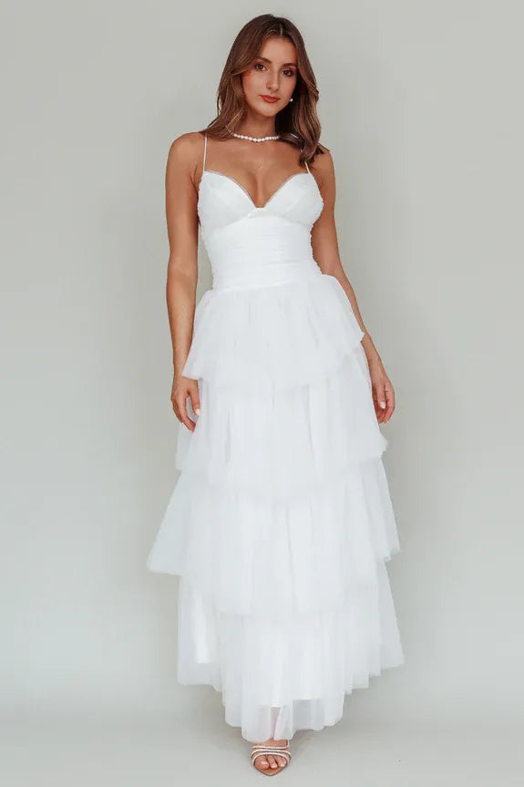 A-line Spaghetti Straps Pleated Tiered Mesh White Maxi Evening Dress