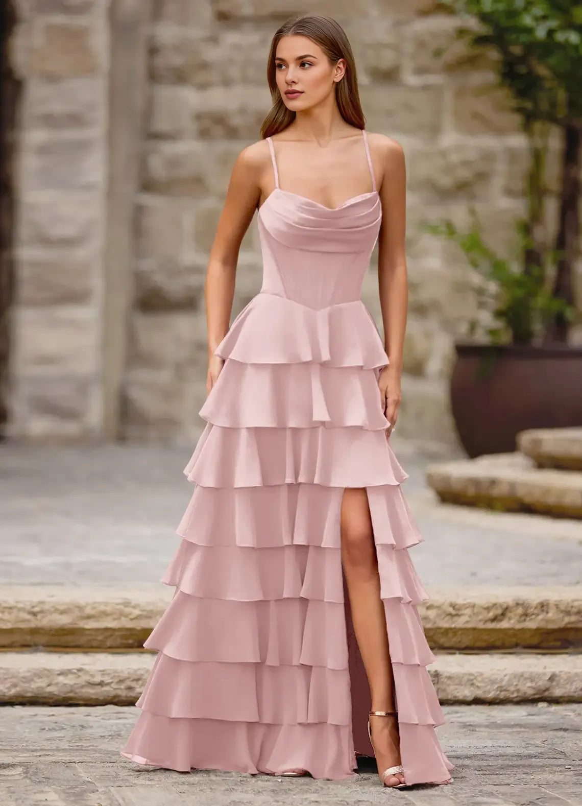 A-line Spaghetti Straps Ruffle Satin Chiffon Powder Pink Prom Dress With Slit