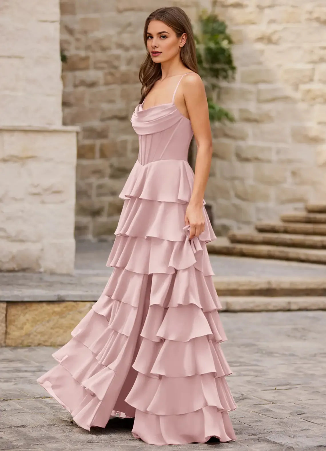 A-line Spaghetti Straps Ruffle Satin Chiffon Powder Pink Prom Dress With Slit