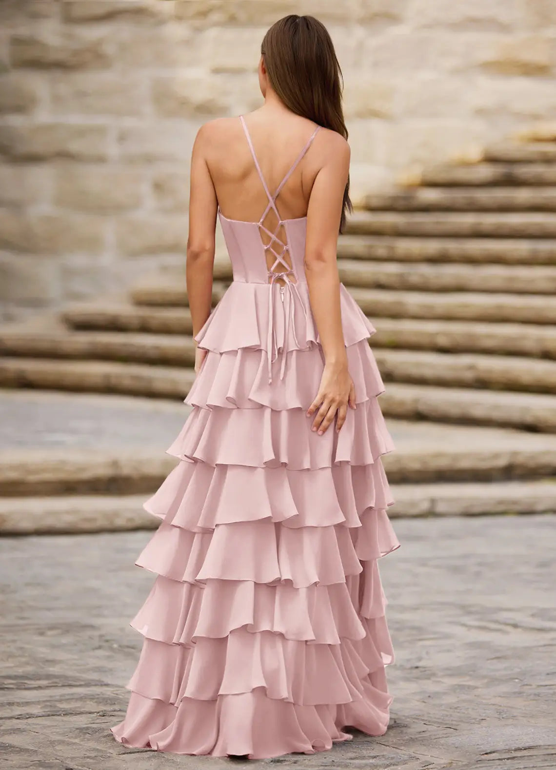 A-line Spaghetti Straps Ruffle Satin Chiffon Powder Pink Prom Dress With Slit
