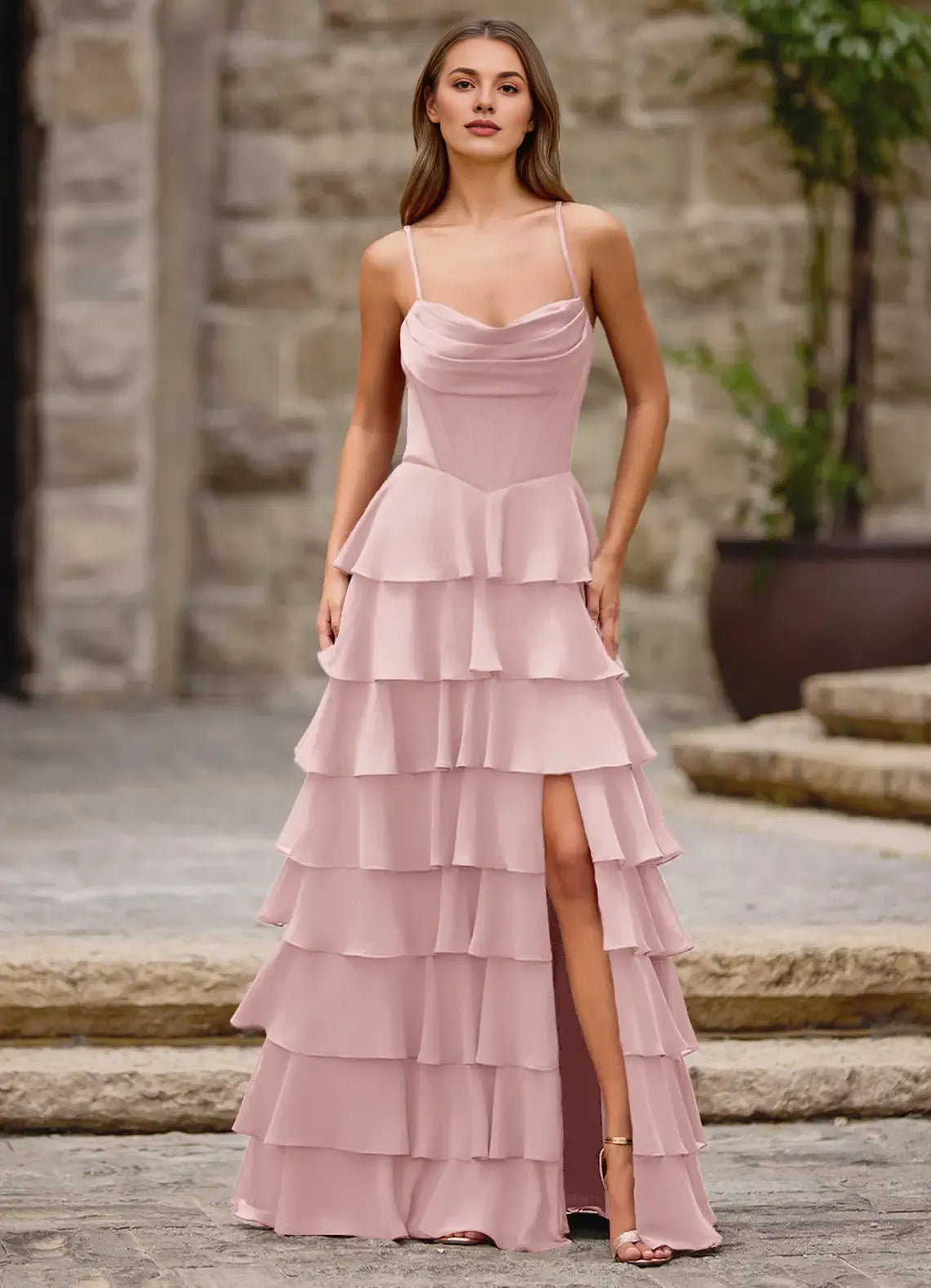 A-line Spaghetti Straps Ruffle Satin Chiffon Powder Pink Prom Dress With Slit