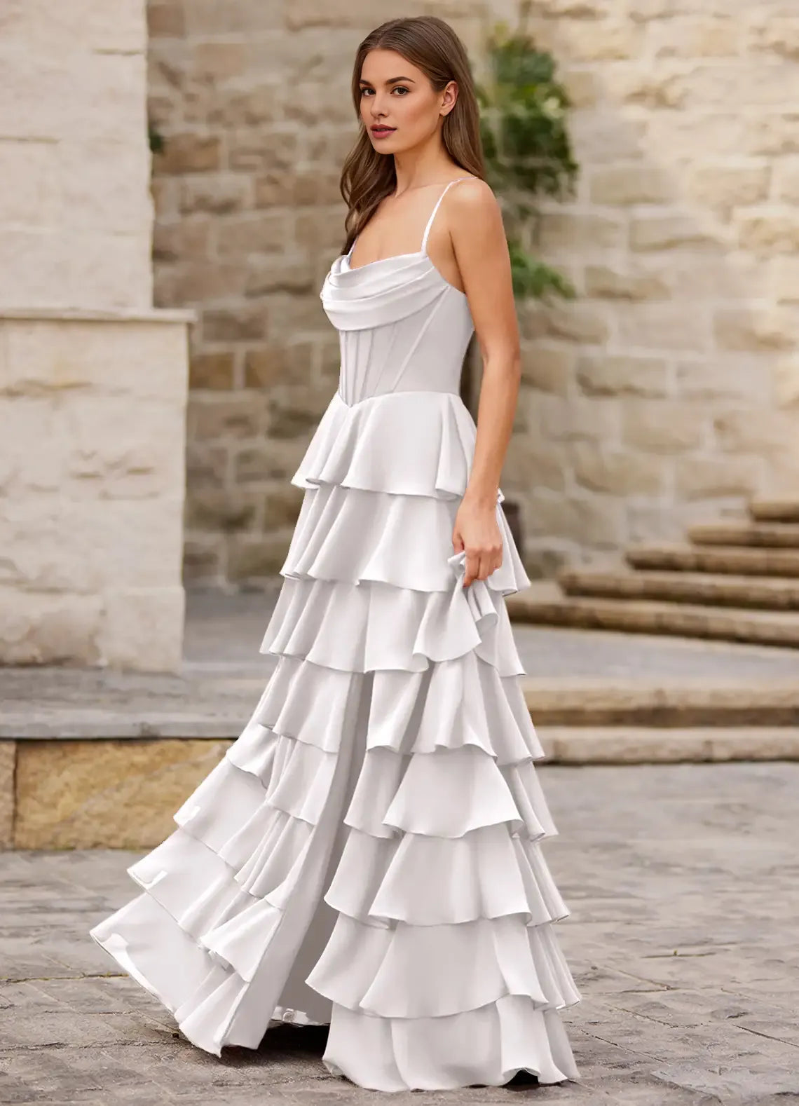 A-line Spaghetti Straps Ruffle Satin Chiffon White Maxi Prom Dress With Slit