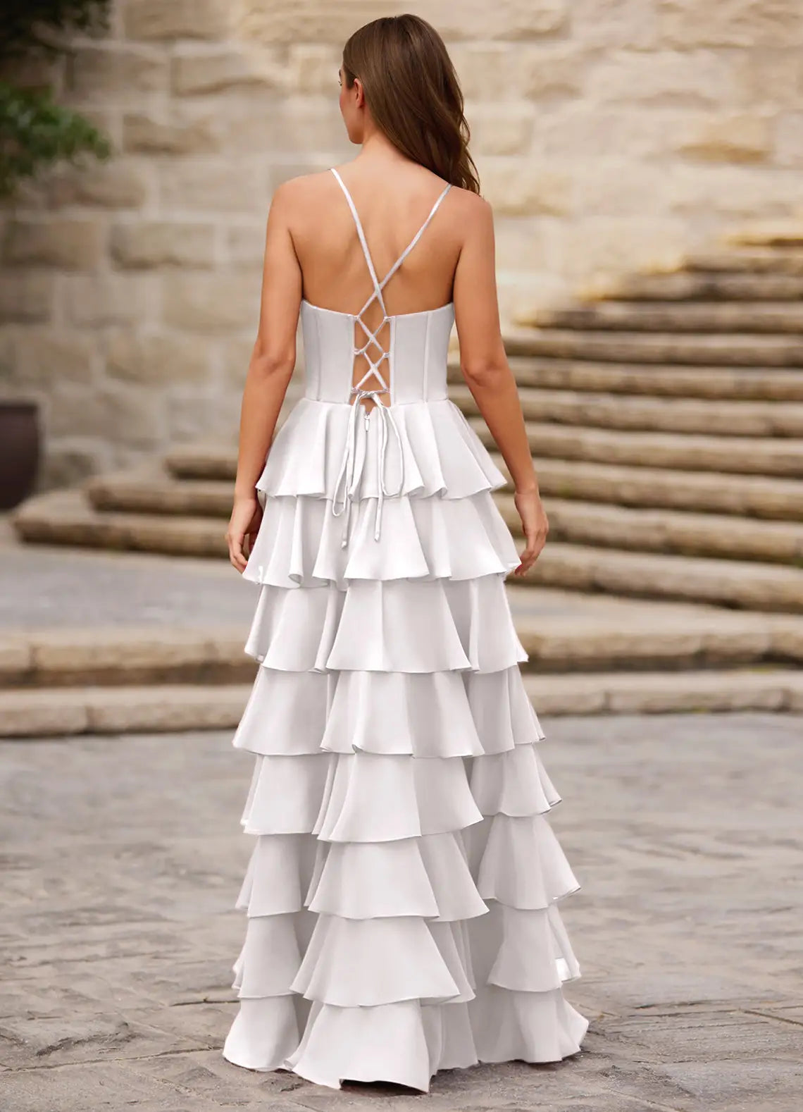 A-line Spaghetti Straps Ruffle Satin Chiffon White Maxi Prom Dress With Slit