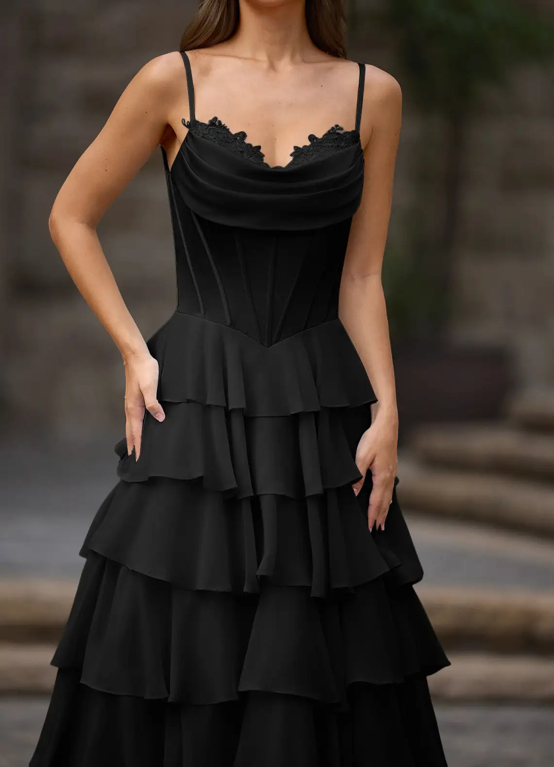A-line Spaghetti Straps Ruffled Tiered Satin Chiffon Black Prom Dress