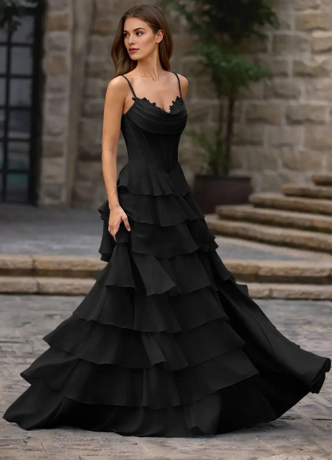 A-line Spaghetti Straps Ruffled Tiered Satin Chiffon Black Prom Dress