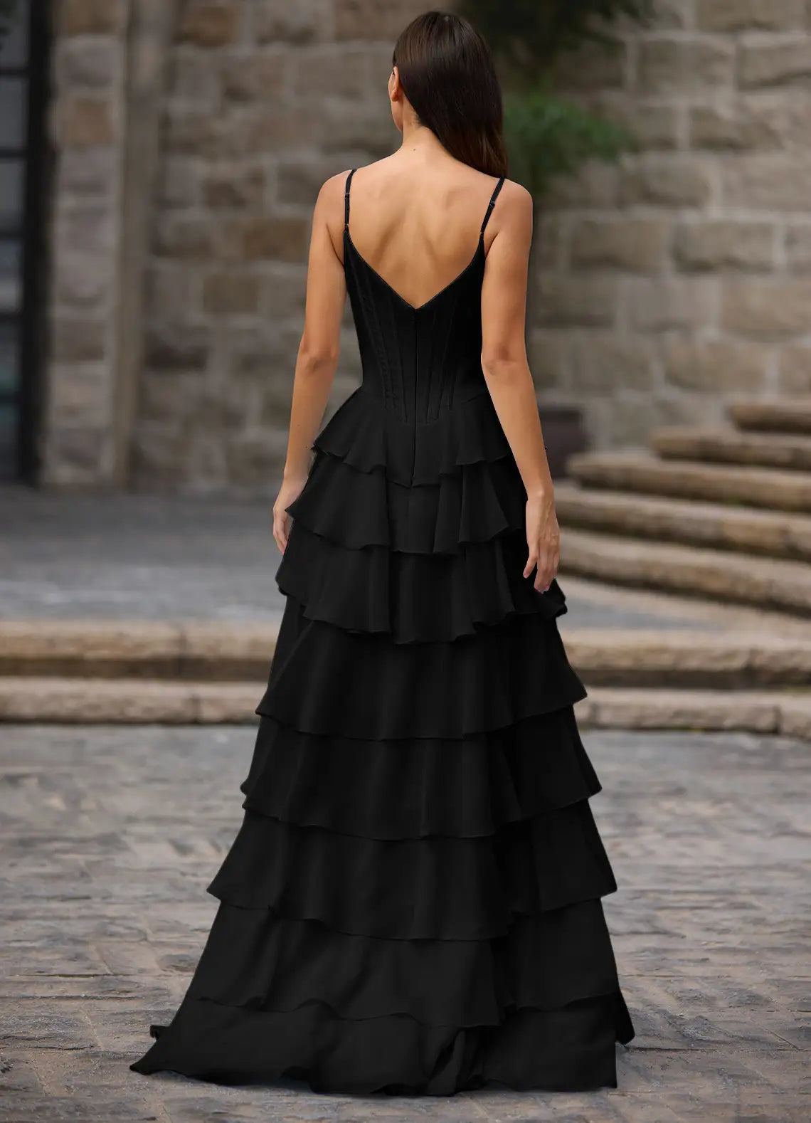 A-line Spaghetti Straps Ruffled Tiered Satin Chiffon Black Prom Dress