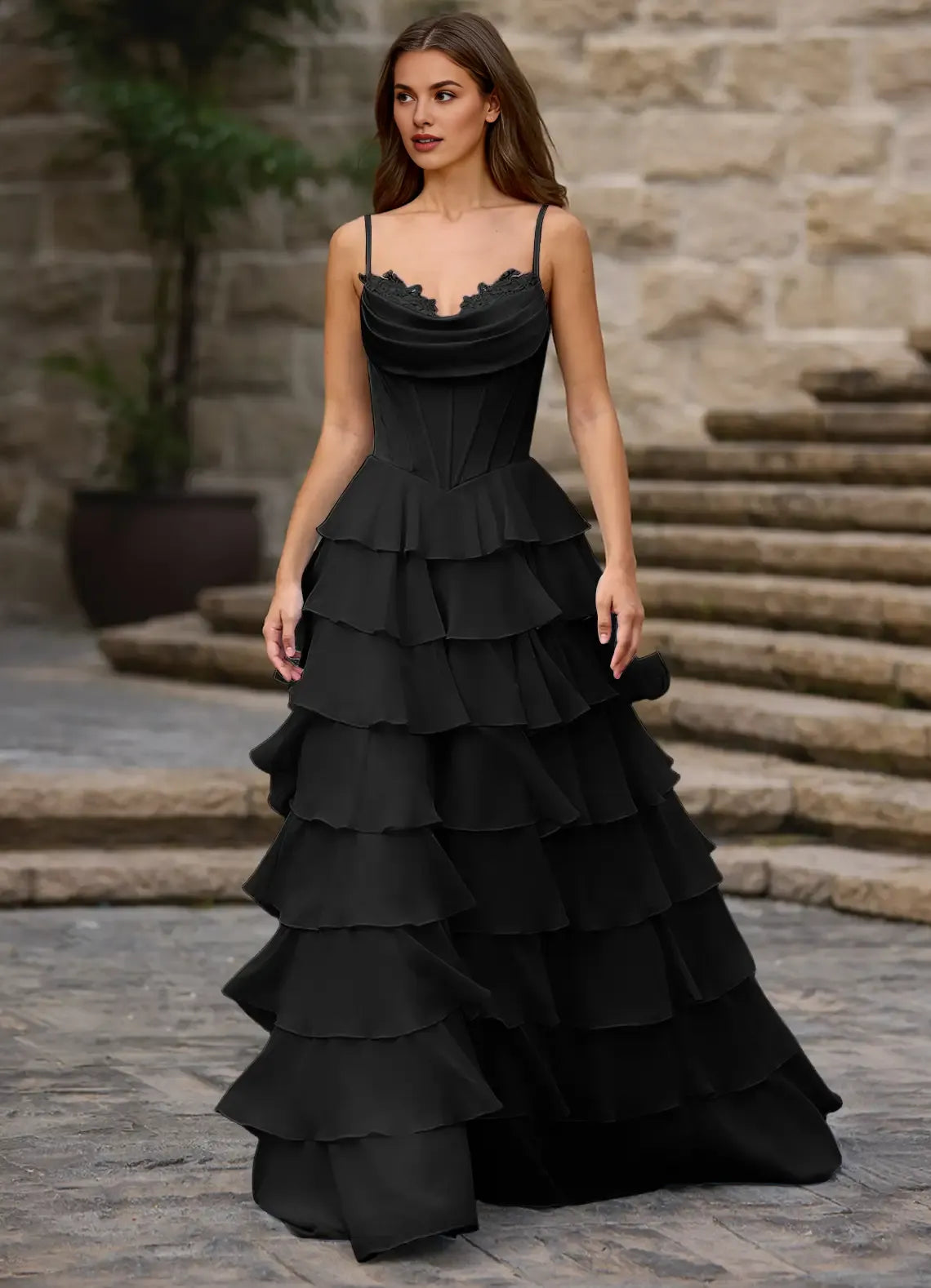 A-line Spaghetti Straps Ruffled Tiered Satin Chiffon Black Prom Dress