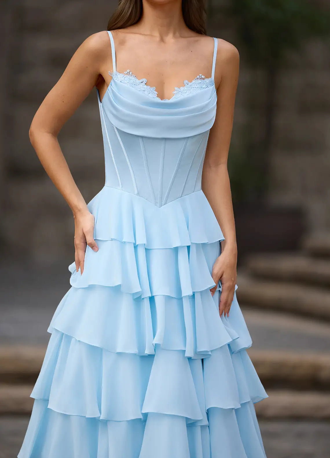 A-line Spaghetti Straps Ruffled Tiered Satin Chiffon Sky Blue Prom Dress
