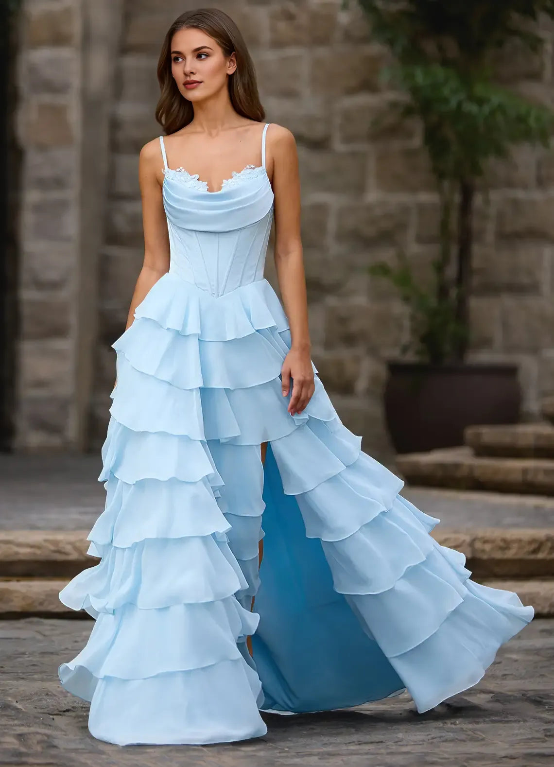 A-line Spaghetti Straps Ruffled Tiered Satin Chiffon Sky Blue Prom Dress