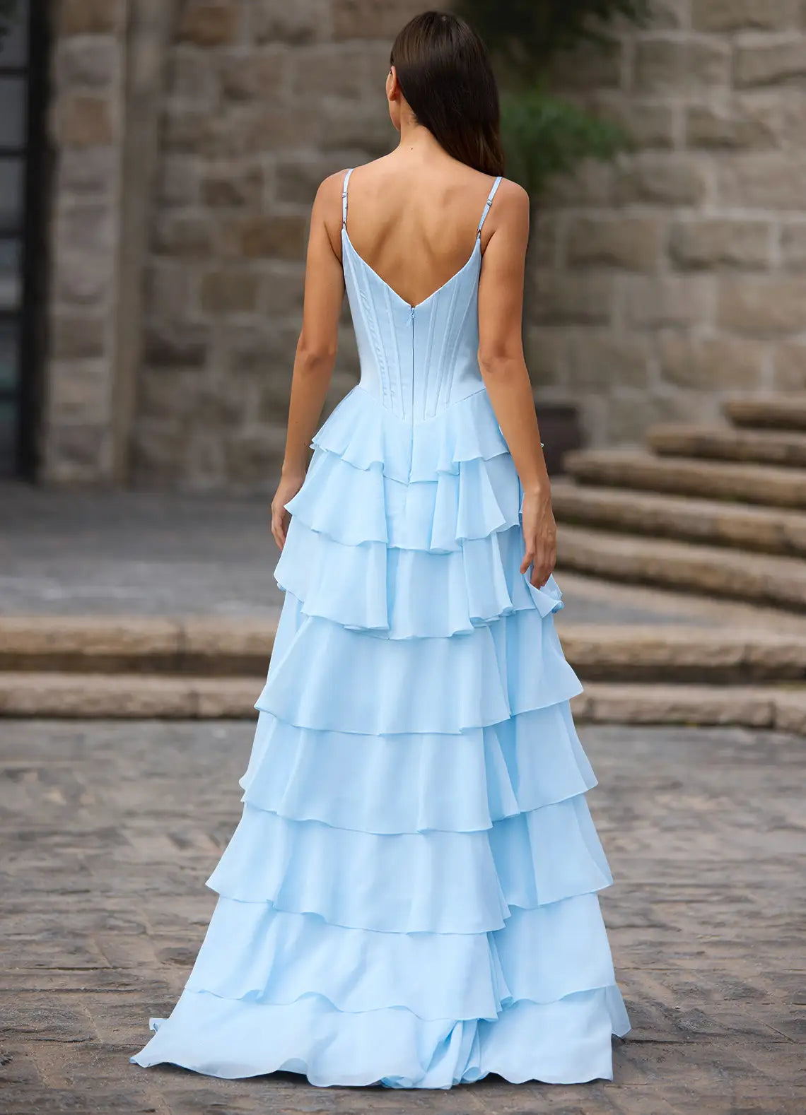 A-line Spaghetti Straps Ruffled Tiered Satin Chiffon Sky Blue Prom Dress